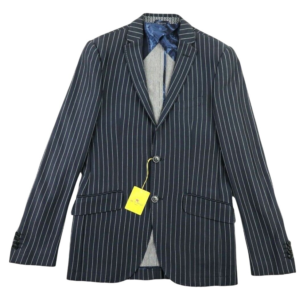 ETRO Sport Coat 38 (48 Eu) Slim Fit Navy White Stripe Silk Cotton Blazer Italy